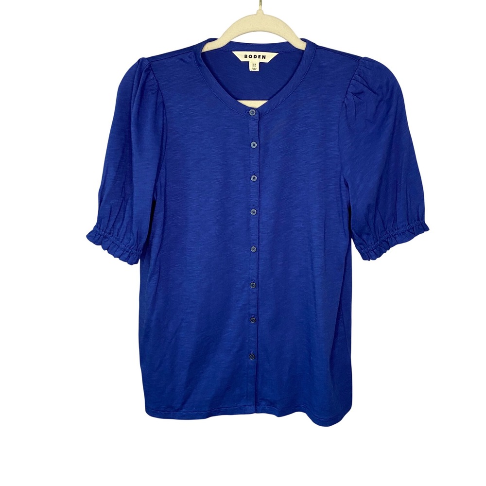 Boden Royal Blue Cotton Tencel Slub Knit Puff Sleeve Cardigan Top‎ T1601 US 4